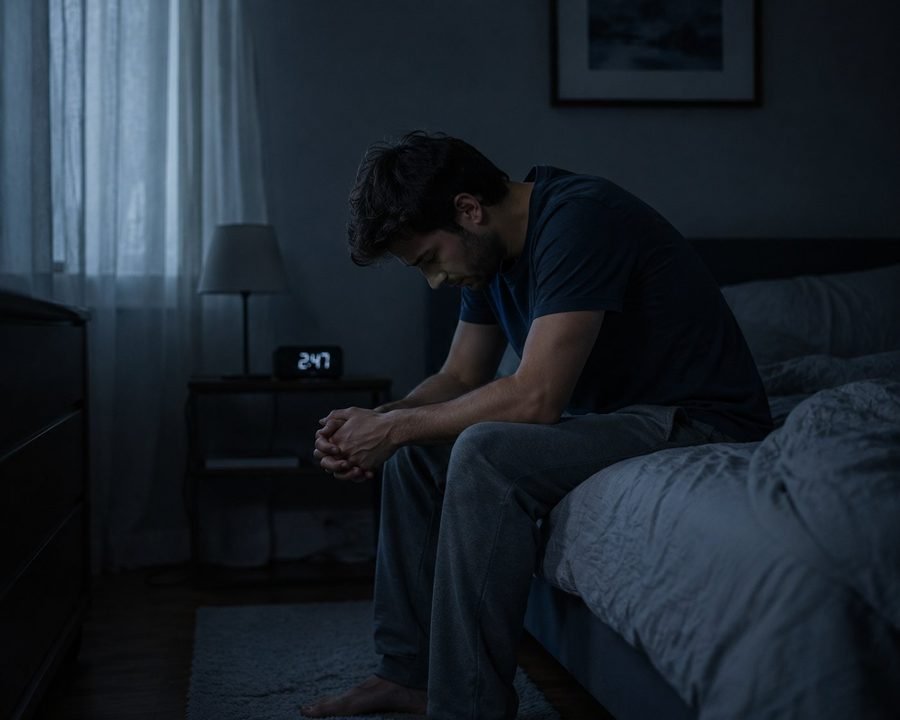 Pessoa cabisbaixa sentada na cama de madrugada, frustrada