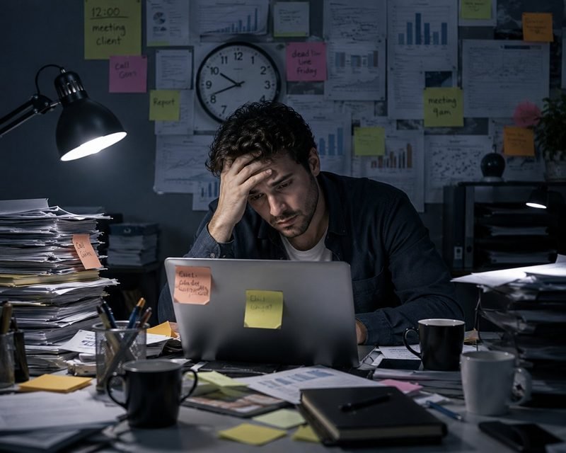 Pessoa exausta e sobrecarregada no trabalho